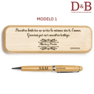 boligrafo personalizado testigos boda estuche madera grabado elegante
