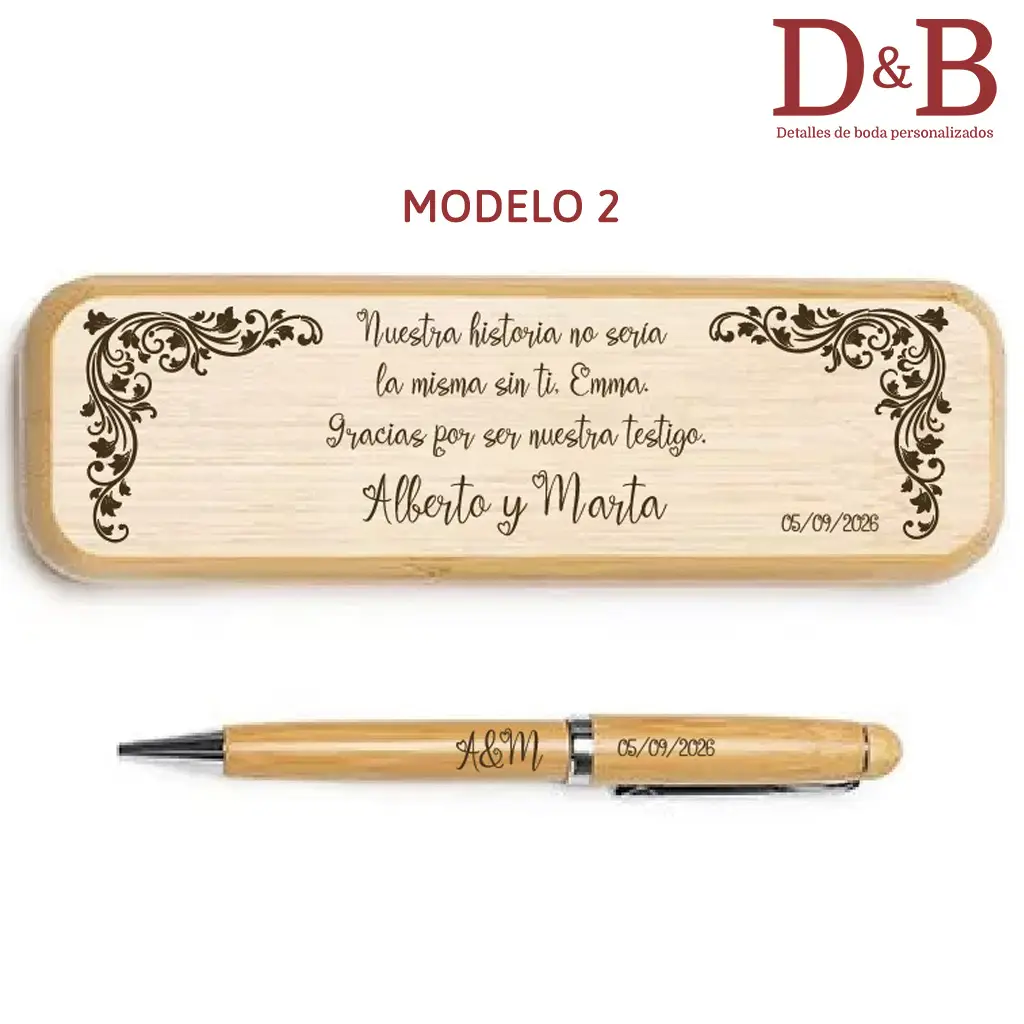 regalo testigos boda boligrafo madera personalizado con mensaje y fecha